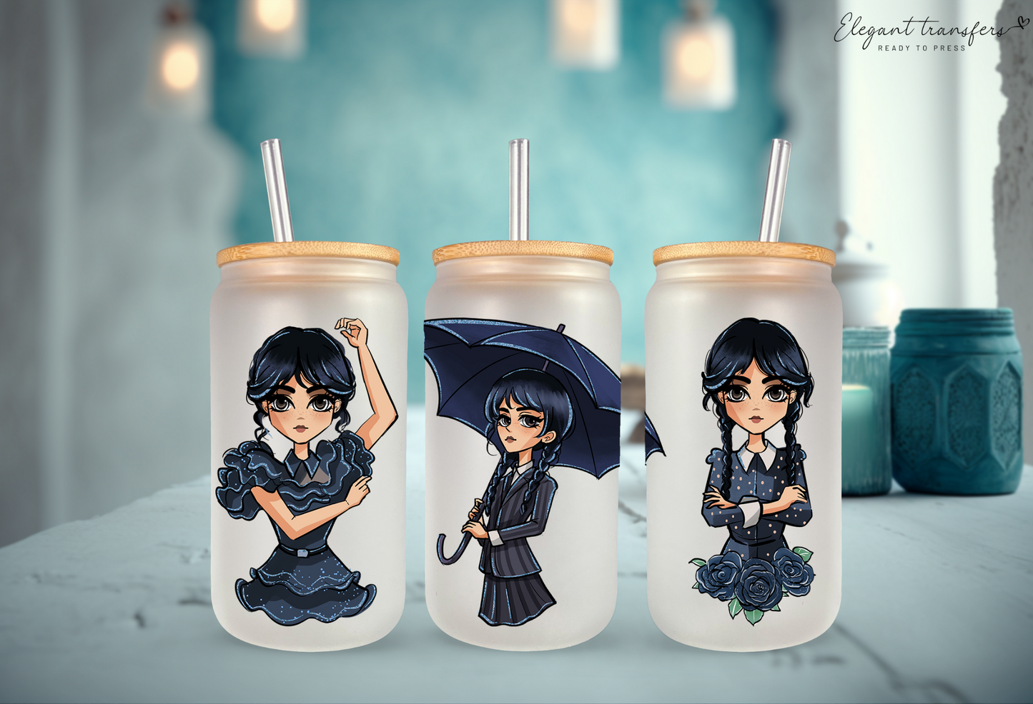 Wednesday Addams Wrap [UV DTF - 16oz Libbey Glass Can] | Ready to Apply | Physical Item