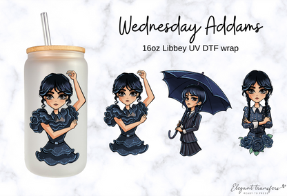 Wednesday Addams Wrap [UV DTF - 16oz Libbey Glass Can] | Ready to Apply | Physical Item