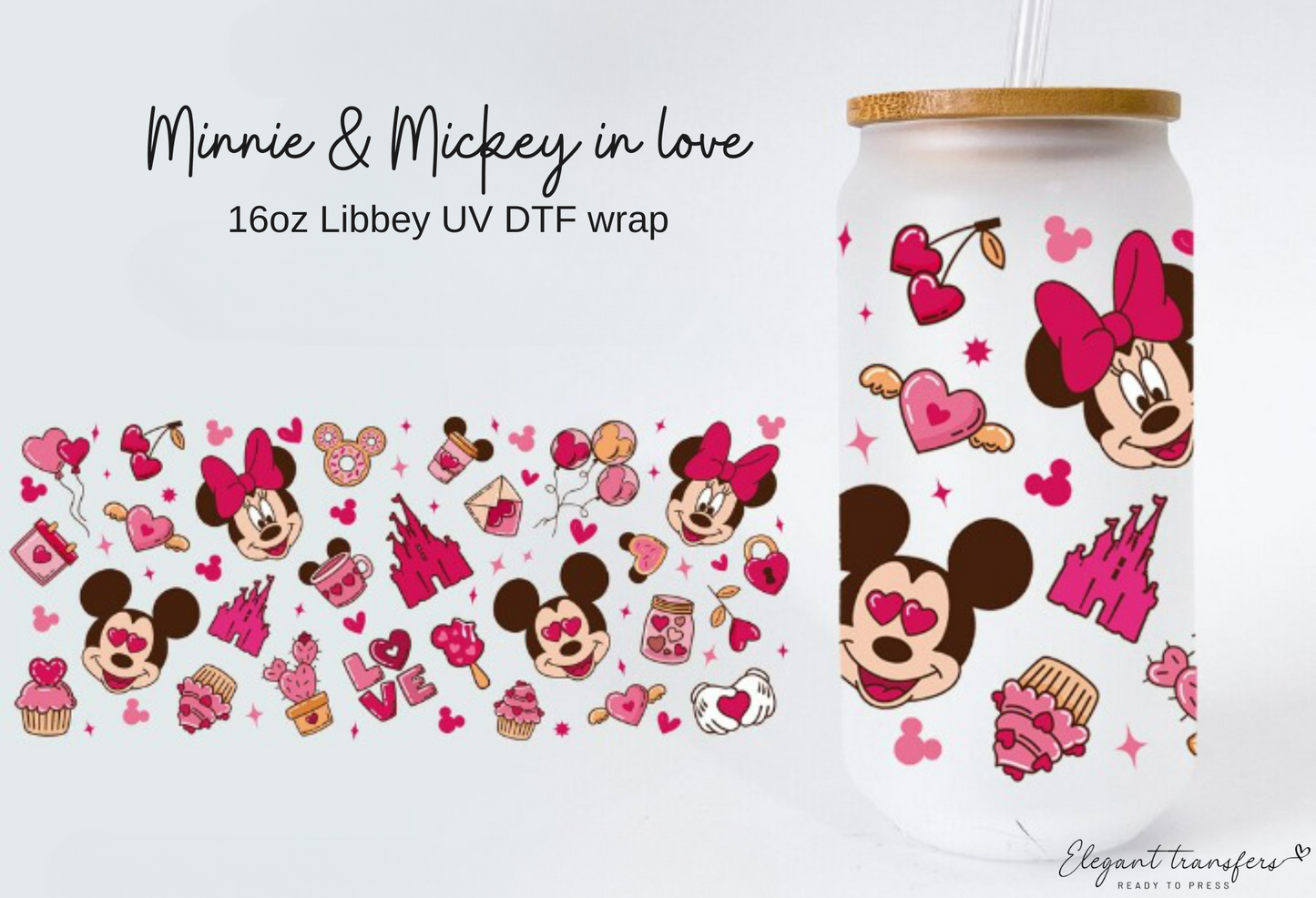 Minnie & Mickey in Love Cup Wrap [UV DTF - 16oz Glass Can] | Ready to Apply | Physical Product | Transfer |